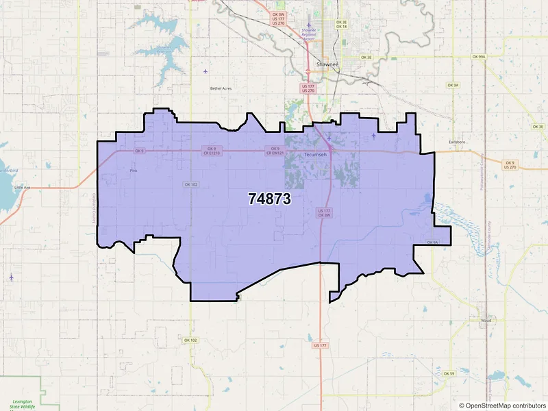 Map of ZIP Code 74873 — Tecumseh, OK