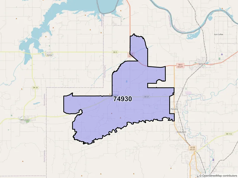 Map of ZIP Code 74930 — Bokoshe, OK