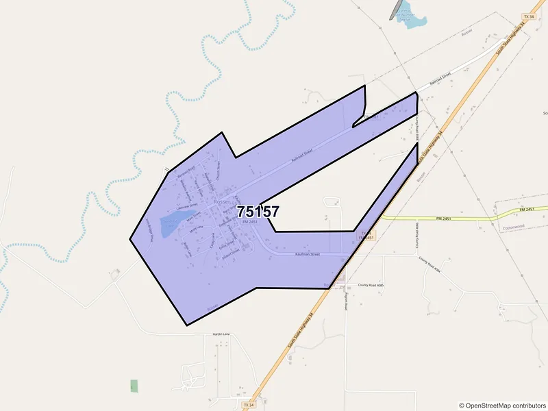 Map of Rosser, Texas and ZIP codes