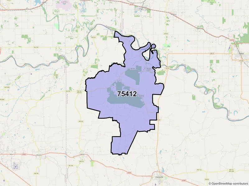 Map of ZIP Code 75412 — Bagwell, TX