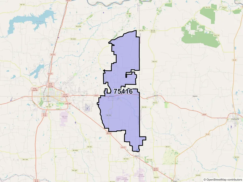 Map of ZIP Code 75416 — Blossom, TX