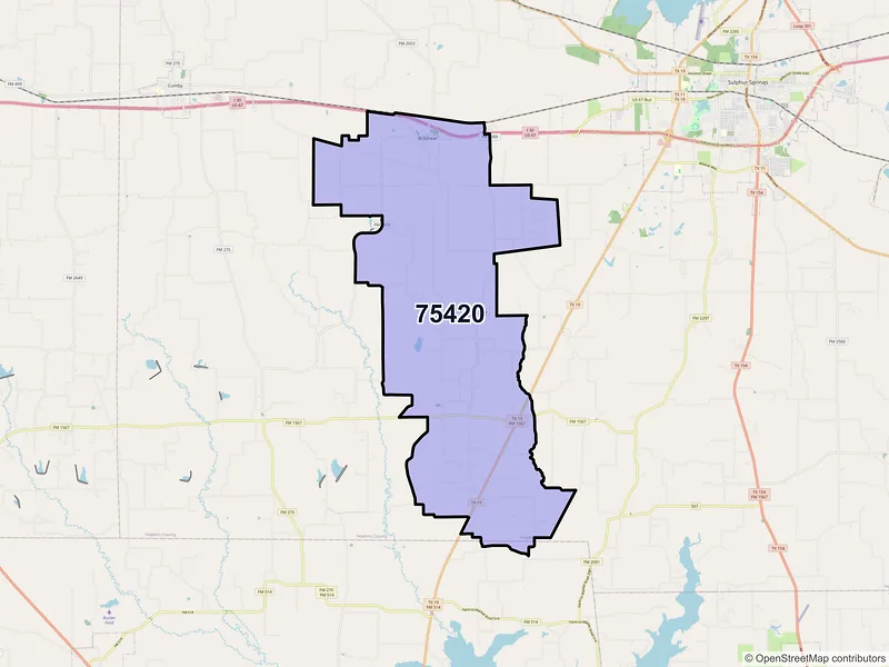 Map of ZIP Code 75420 — Brashear, TX