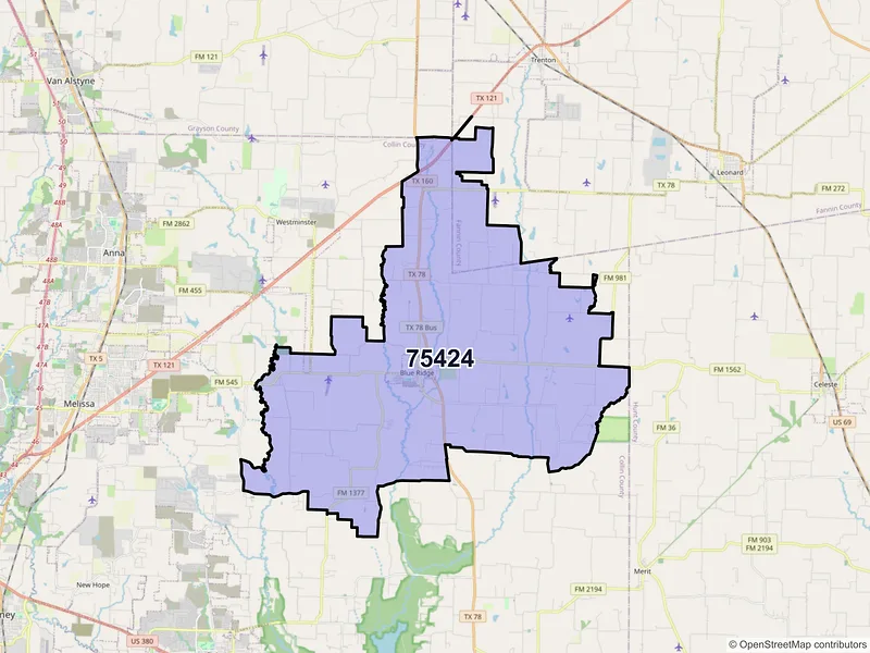 Map of ZIP Code 75424 — Blue Ridge, TX