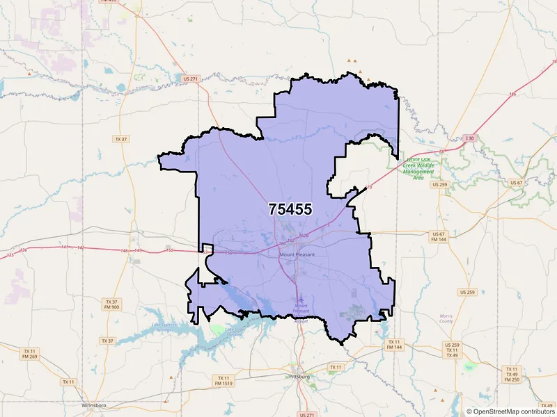 Map of ZIP Code 75455 — Mount Pleasant, TX