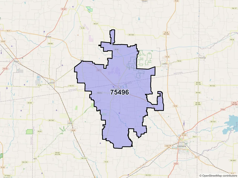 Map of Wolfe City, Texas and ZIP codes