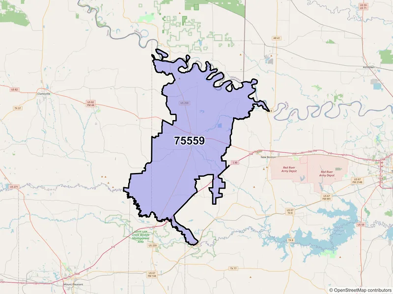 Map of De Kalb, Texas and ZIP codes