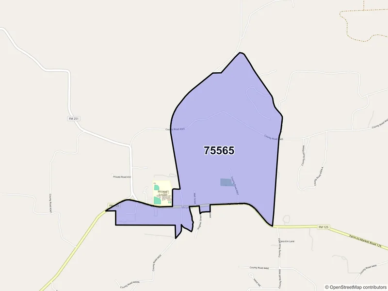Map of Mc Leod, Texas and ZIP codes
