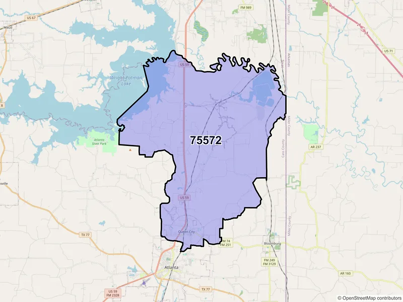 Map of Queen City, Texas and ZIP codes