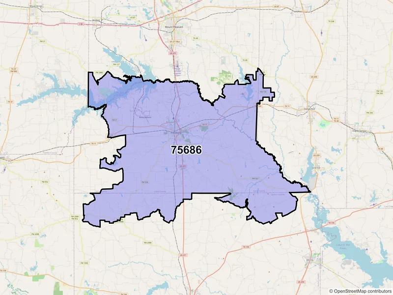 Map of Pittsburg, Texas and ZIP codes