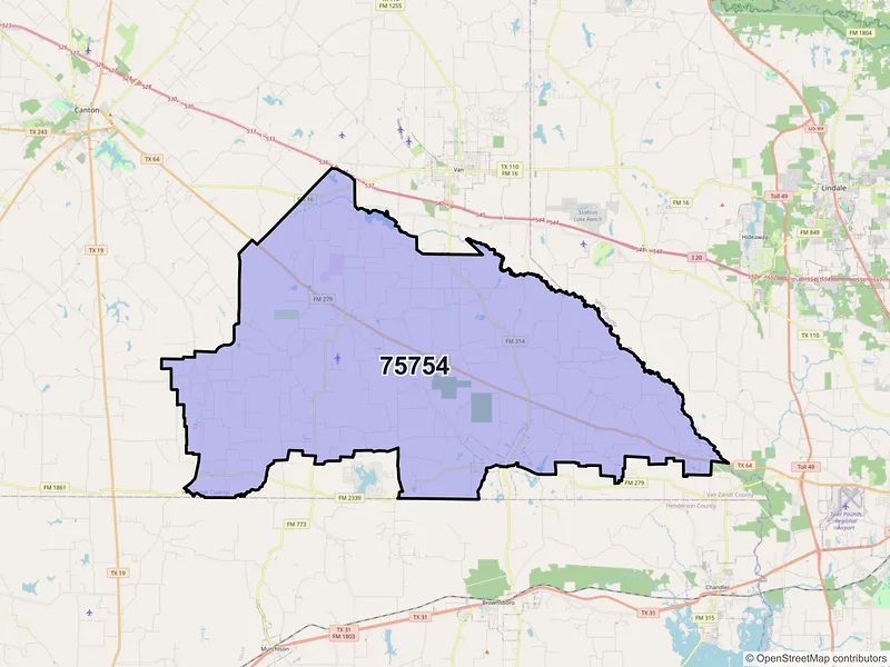 Map of ZIP Code 75754 — Ben Wheeler, TX