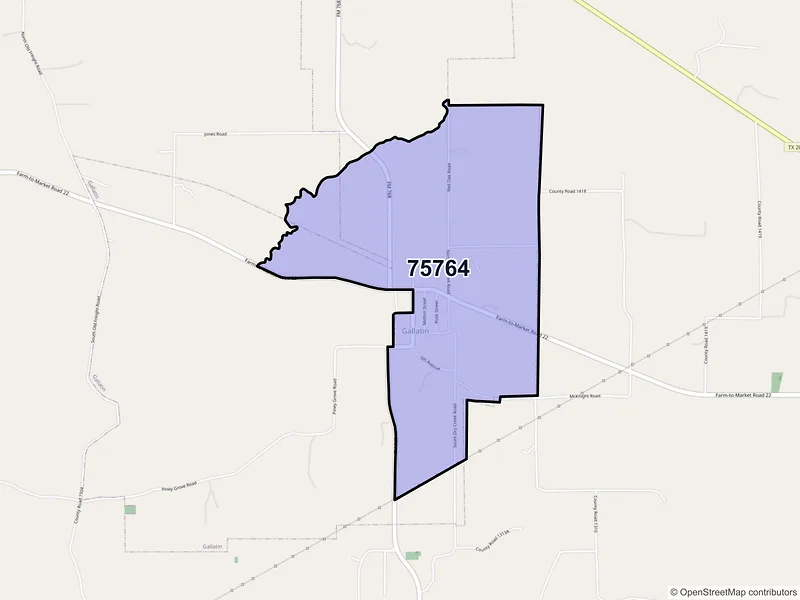 Map of Gallatin, Texas and ZIP codes