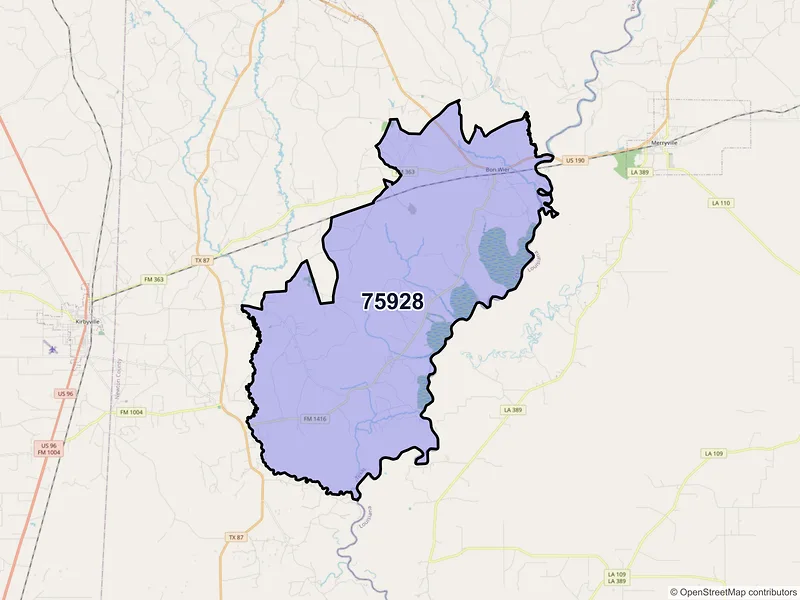 Map of ZIP Code 75928 — Bon Wier, TX