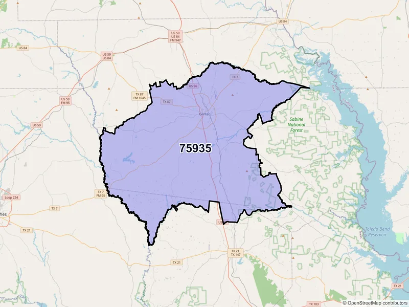 Map of Center, Texas and ZIP codes