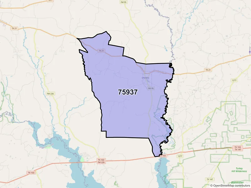 Map of Chireno, Texas and ZIP codes
