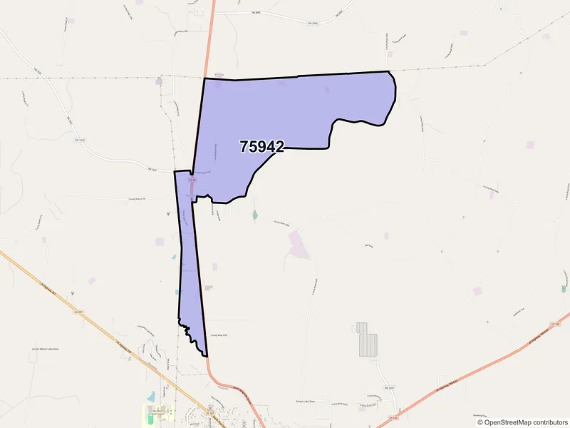 Map of Doucette, Texas and ZIP codes