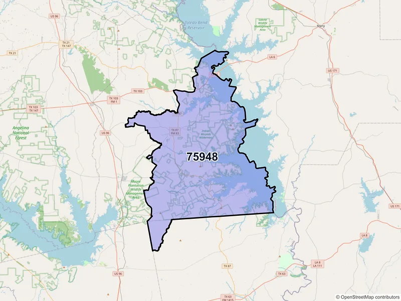Map of Hemphill, Texas and ZIP codes