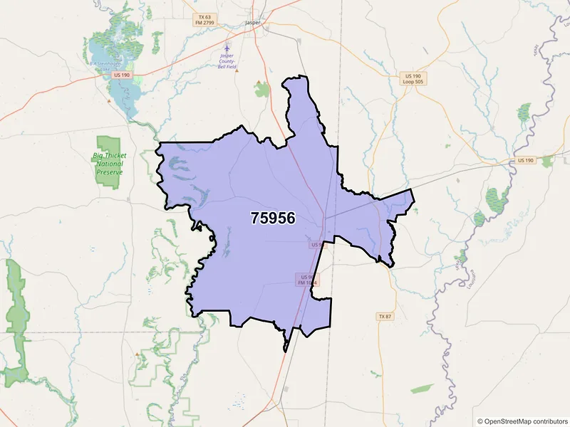 Map of ZIP Code 75956 — Kirbyville, TX