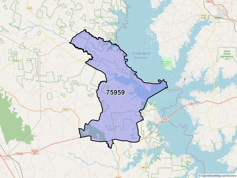 Map of ZIP Code 75959 — Milam, TX