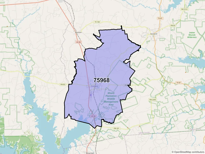 Map of ZIP Code 75968 — Pineland, TX
