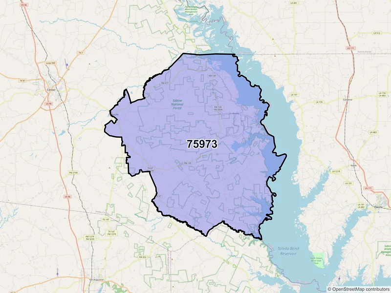 Map of ZIP Code 75973 — Shelbyville, TX