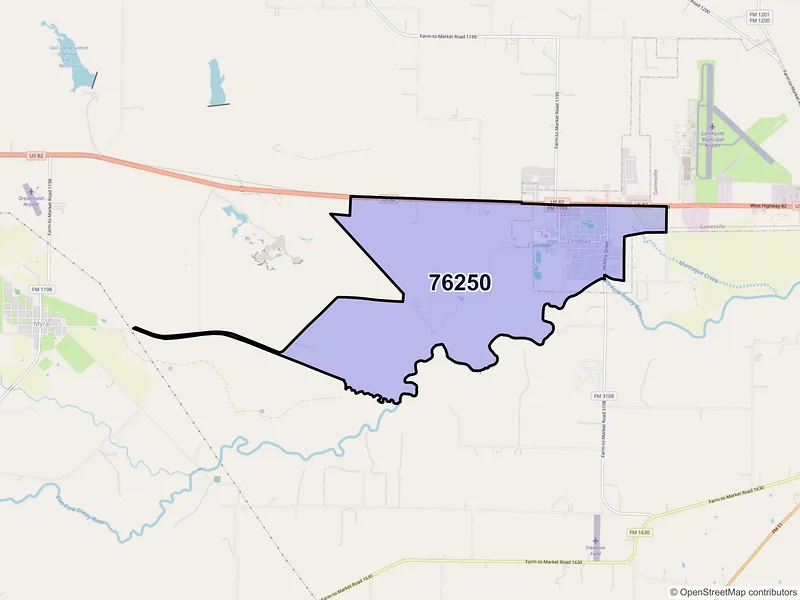 Map of ZIP Code 76250 — Lindsay, TX