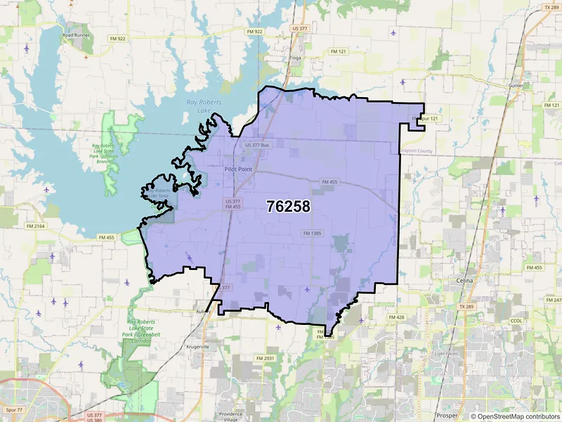 Map of ZIP Code 76258 — Pilot Point, TX