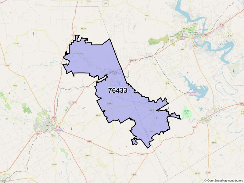 Map of Bluff Dale, Texas and ZIP codes
