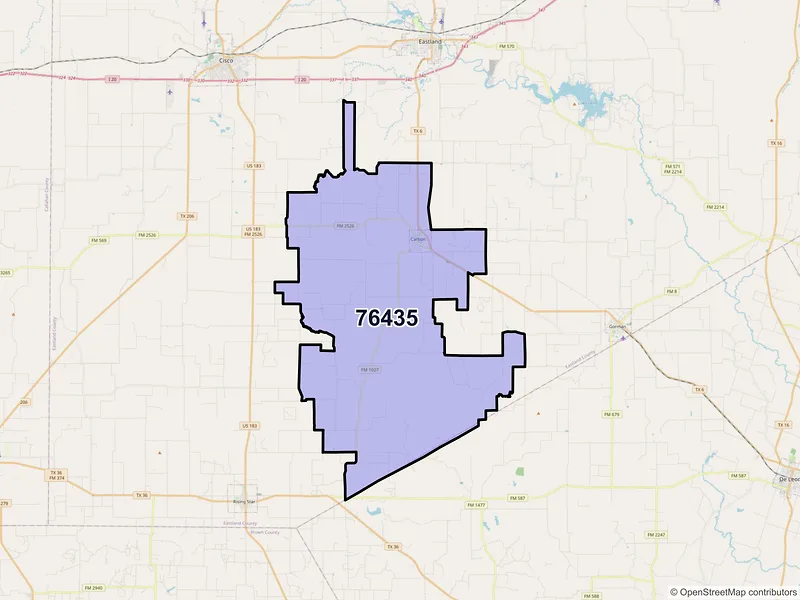 Map of Carbon, Texas and ZIP codes