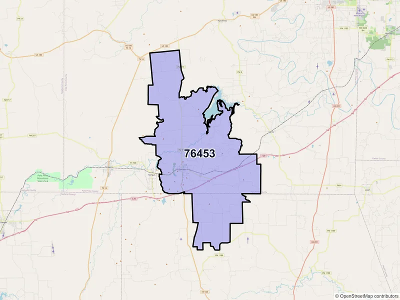 Map of Gordon, Texas and ZIP codes