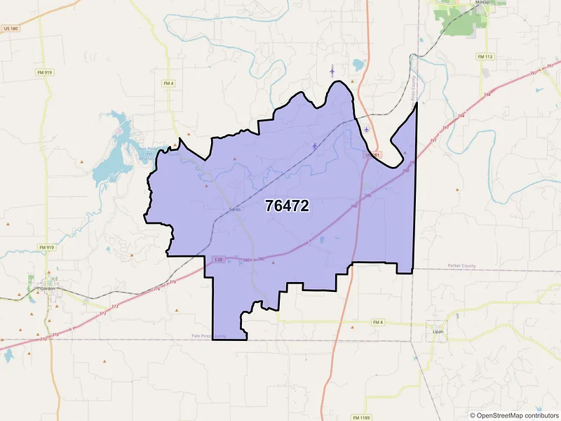 Map of Santo, Texas and ZIP codes