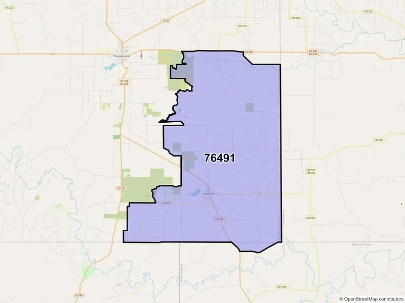 Map of Woodson, Texas and ZIP codes