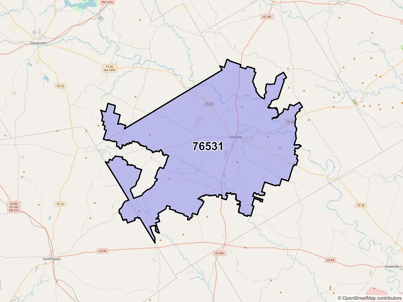 Map of Hamilton, Texas and ZIP codes