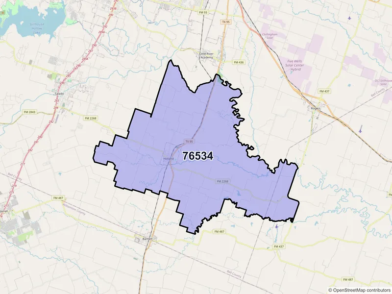 Map of Holland, Texas and ZIP codes