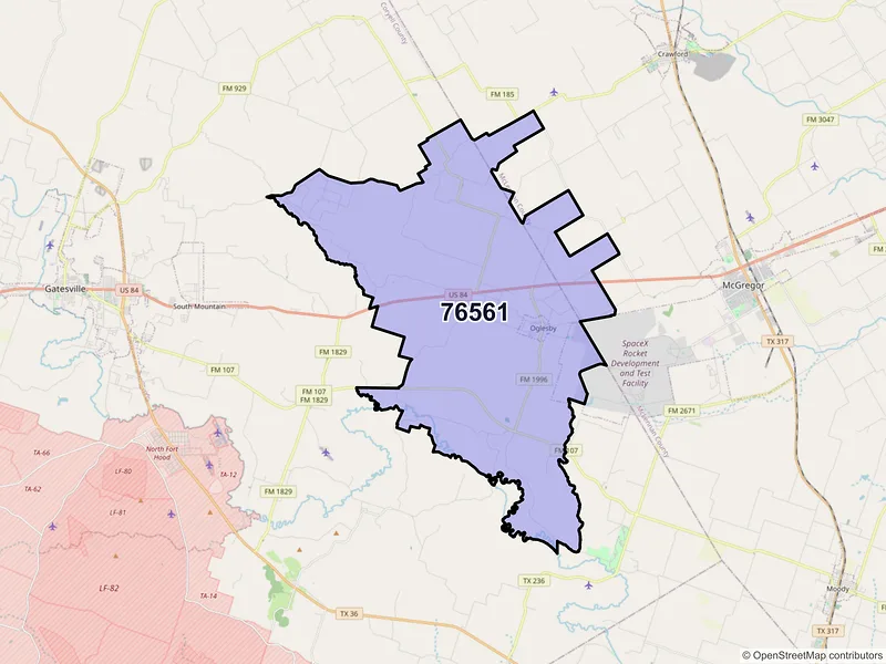 Map of ZIP Code 76561 — Oglesby, TX