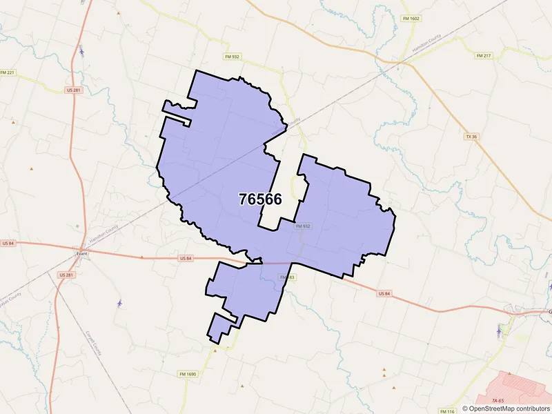 Map of ZIP Code 76566 — Purmela, TX