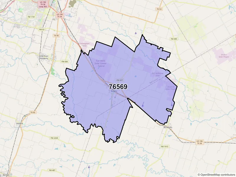 Map of Rogers, Texas and ZIP codes