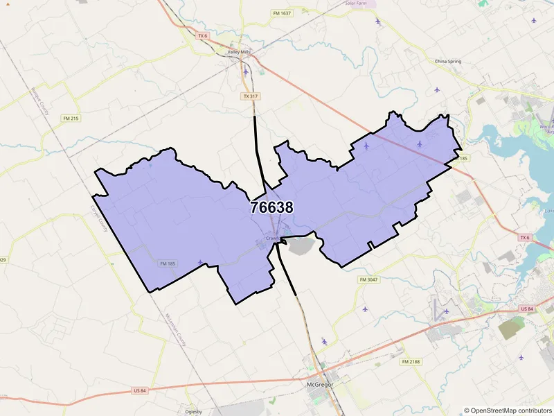 Map of ZIP Code 76638 — Crawford, TX