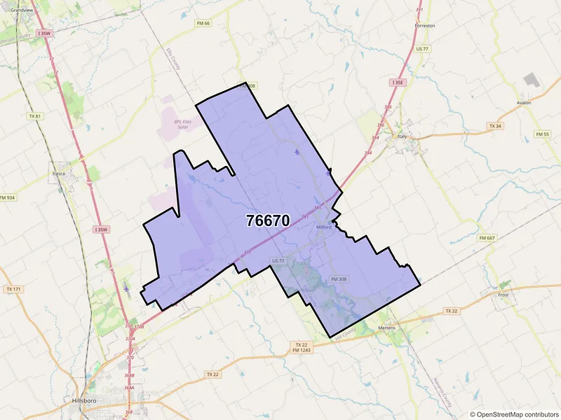 Map of Milford, Texas and ZIP codes