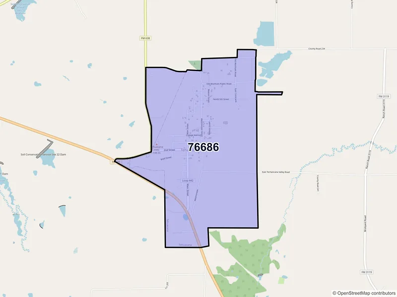 Map of Tehuacana, Texas and ZIP codes