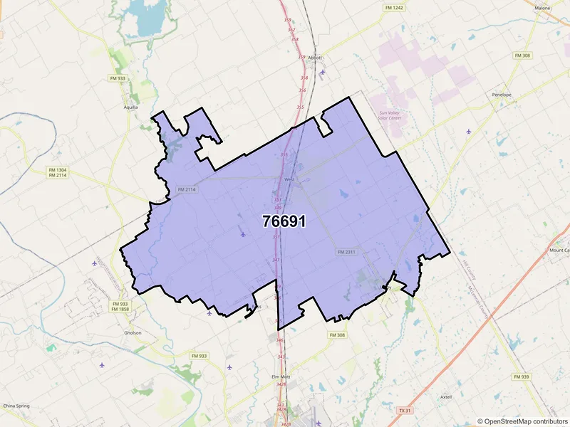 Map of West, Texas and ZIP codes