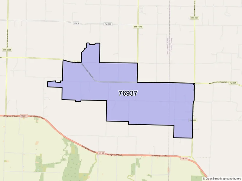 Map of ZIP Code 76937 — Eola, TX
