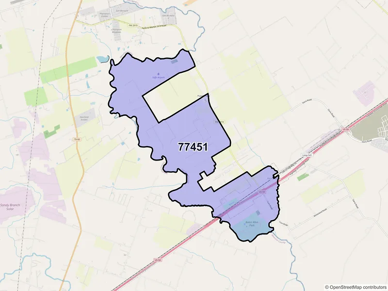 Map of Kendleton, Texas and ZIP codes