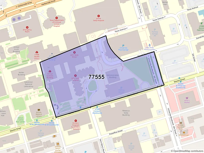 Map of ZIP Code 77555 — Galveston, TX