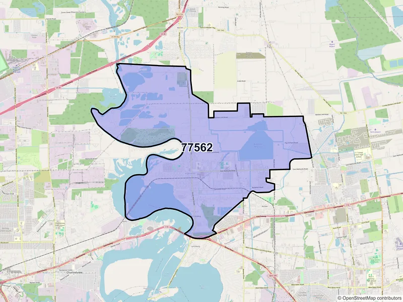 Map of Highlands, Texas and ZIP codes