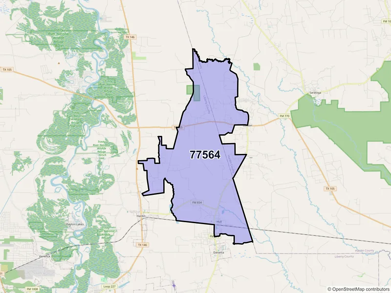 Map of Hull, Texas and ZIP codes