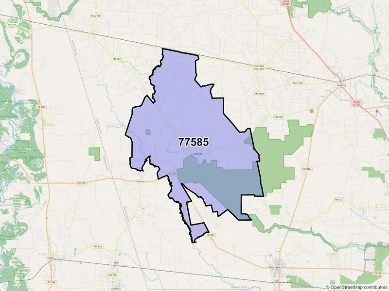 Map of ZIP Code 77585 — Saratoga, TX