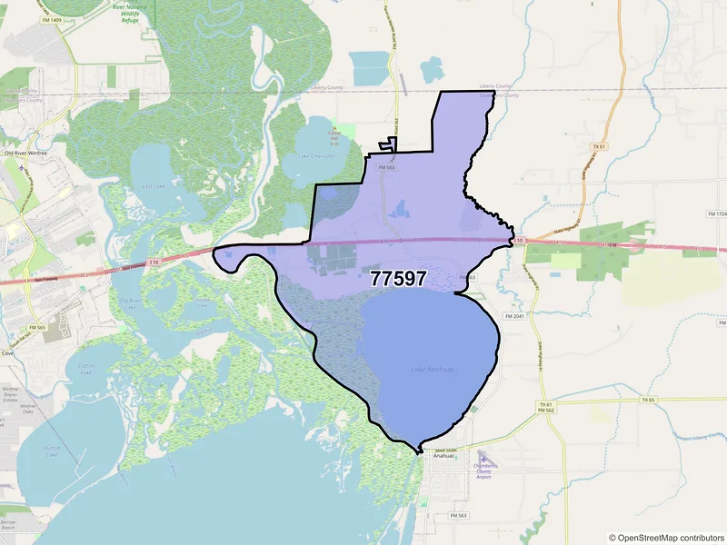 Map of Wallisville, Texas and ZIP codes
