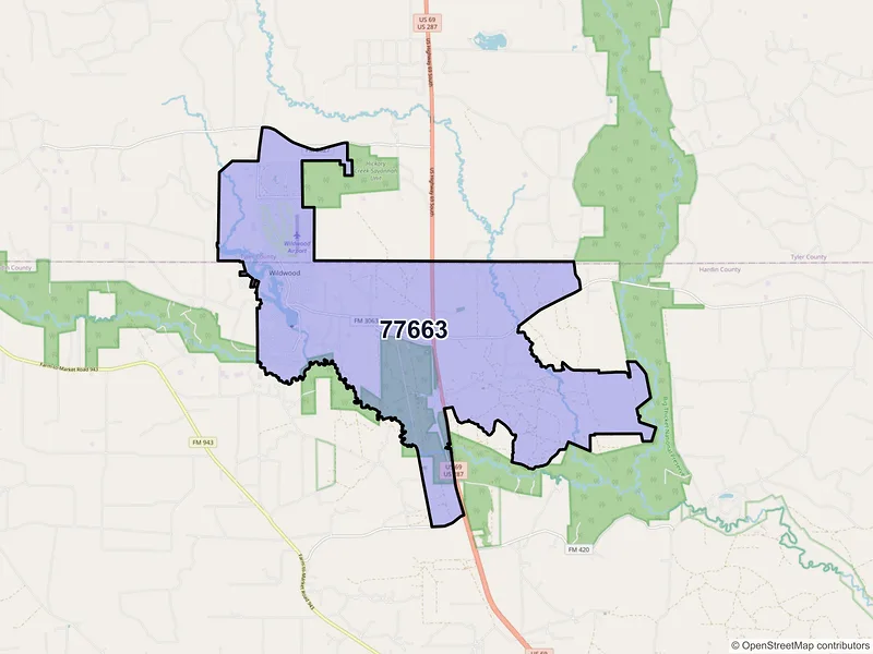 Map of Village Mills, Texas and ZIP codes