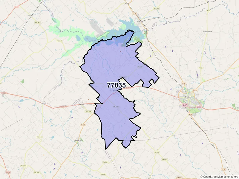 Map of Burton, Texas and ZIP codes