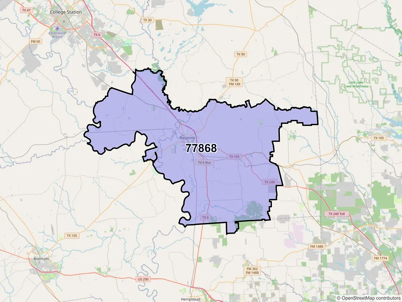 Map of Navasota, Texas and ZIP codes